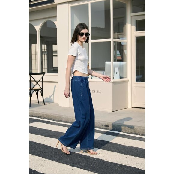 Women’s High Waist Elastic Waist Wide Leg Jeans Casual Trendy Comfort Fit - Picture 5 of 6